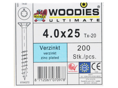 Woodies Ultimate Schrauben 4,0x25 verzinkt T-20 Teilgewinde 200 Stk