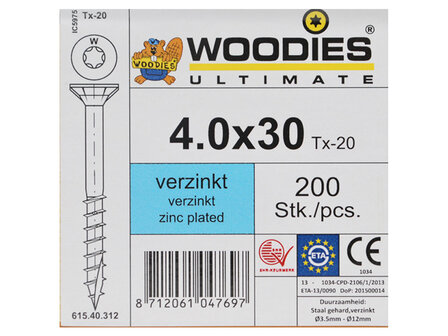 Woodies Ultimate Schroeven 4.0x30 Verzinkt T-20 Deeldraad 200 stuks