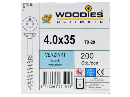 Woodies Ultimate Schroeven 4.0x35 Verzinkt T-20 Deeldraad 200 stuks