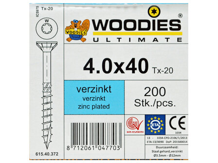 Woodies Ultimate Schroeven 4.0x40mm Verzinkt T-20 Deeldraad 200 stuks