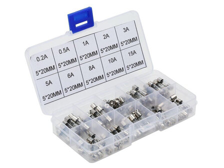 100 pcs Assorted Glass Fuses (Quick Blow) 5x20mm in Handy Storage Box