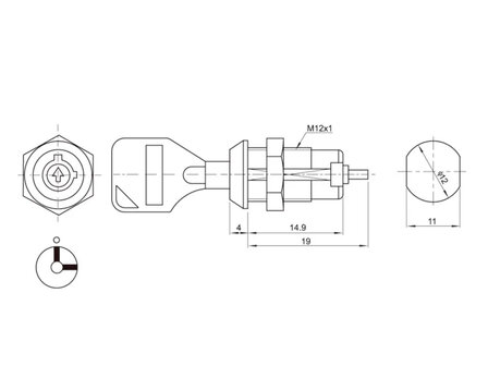 Mini Elektronische RVS Aan/Uit Sleutelschakelaar met Ronde Sleutel, 12mm, 48V/2,5A max, Gelijksluitend