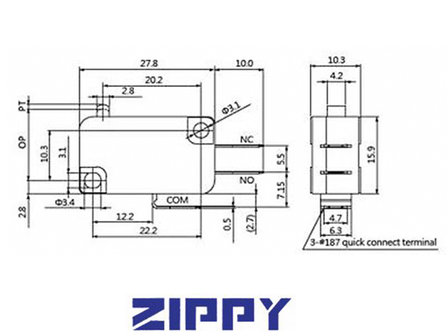Zippy 125gr. Microrupteur avec bornes 4,8 mm NO / NC / COM