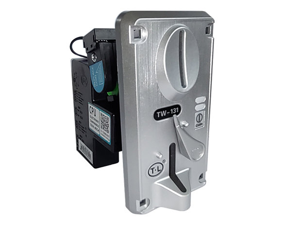 Advanced Comparative CPU Coin Acceptor with Brushed Aluminum Look Faceplate.