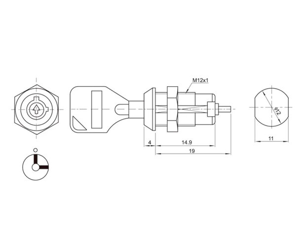 Mini Elektronische RVS Aan/Uit Sleutelschakelaar met Ronde Sleutel, 12mm, 48V/2,5A max, Gelijksluitend