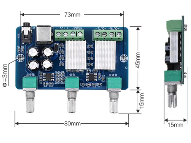 2.1 kanaals 2x15W + 30W Stereo Versterker Module met Dual Yamaha YDA138E Sound Processor Chip