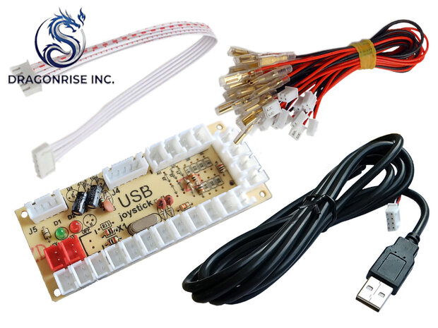 DragonRise 1-Player PC/PS3/Raspberry Pi Zero Delay Arcade Interface Board voor 5-pin Sanwa Joystick en 2,8mm Drukknoppen