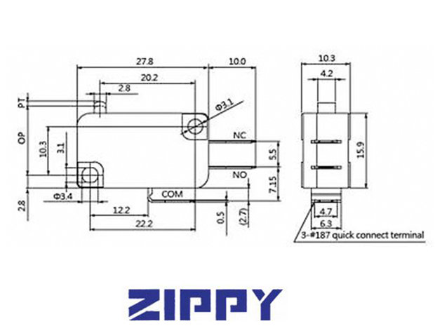 Zippy 200gr Microswitch met 4,8mm Aansluitterminals NO/NC   